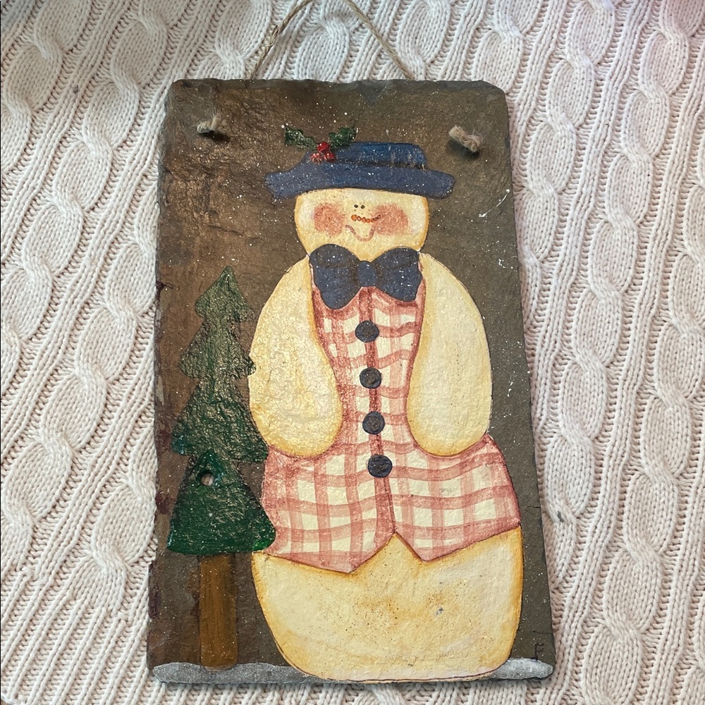 Snowman hand painted on slate artwork recycled -pine tree-signed-twine hange